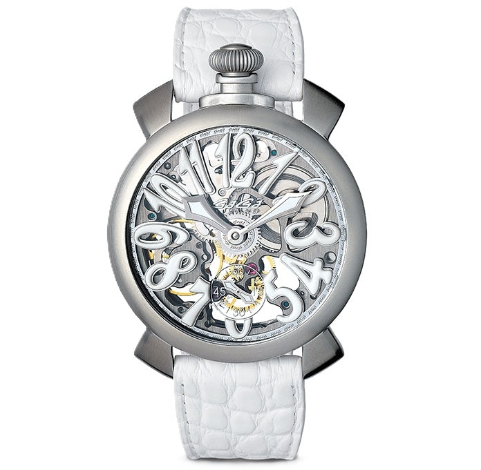 Silver stainless steel watch with white leather strap, white and silver dial, large numerals, crown at 12 o'clock.