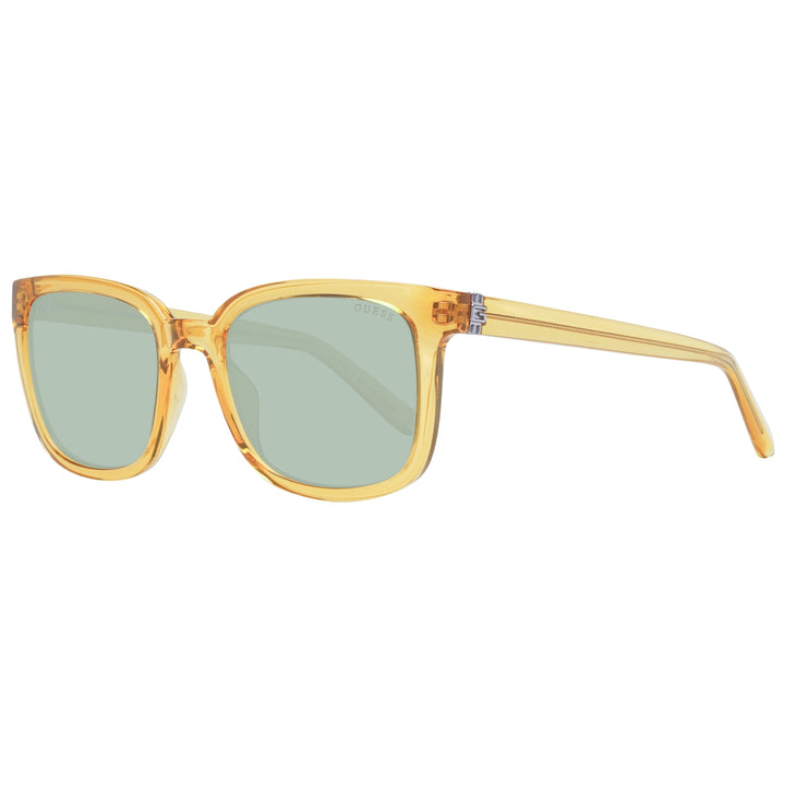 Unisex amber transparent square sunglasses with green lenses and visible metal hinge detail on sides