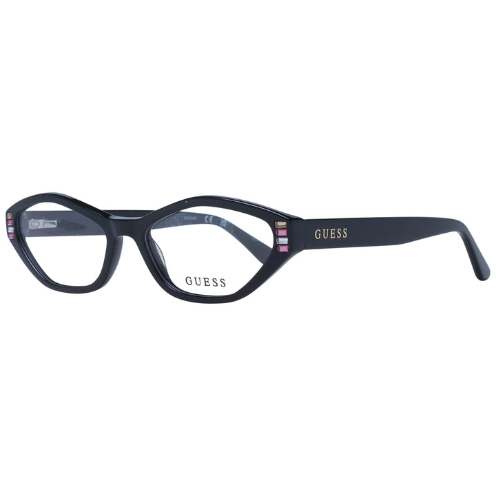 Glossy black cat-eye eyeglasses for Women with pink and clear rectangular corner embellishments, front three-quarter view