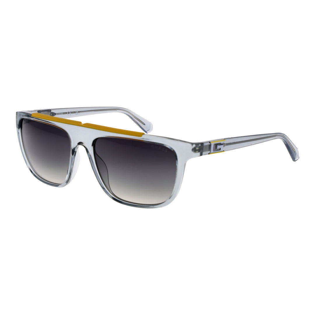 Clear square sunglasses with black-to-yellow gradient lenses and yellow top bar, sporty Unisex plastic frame