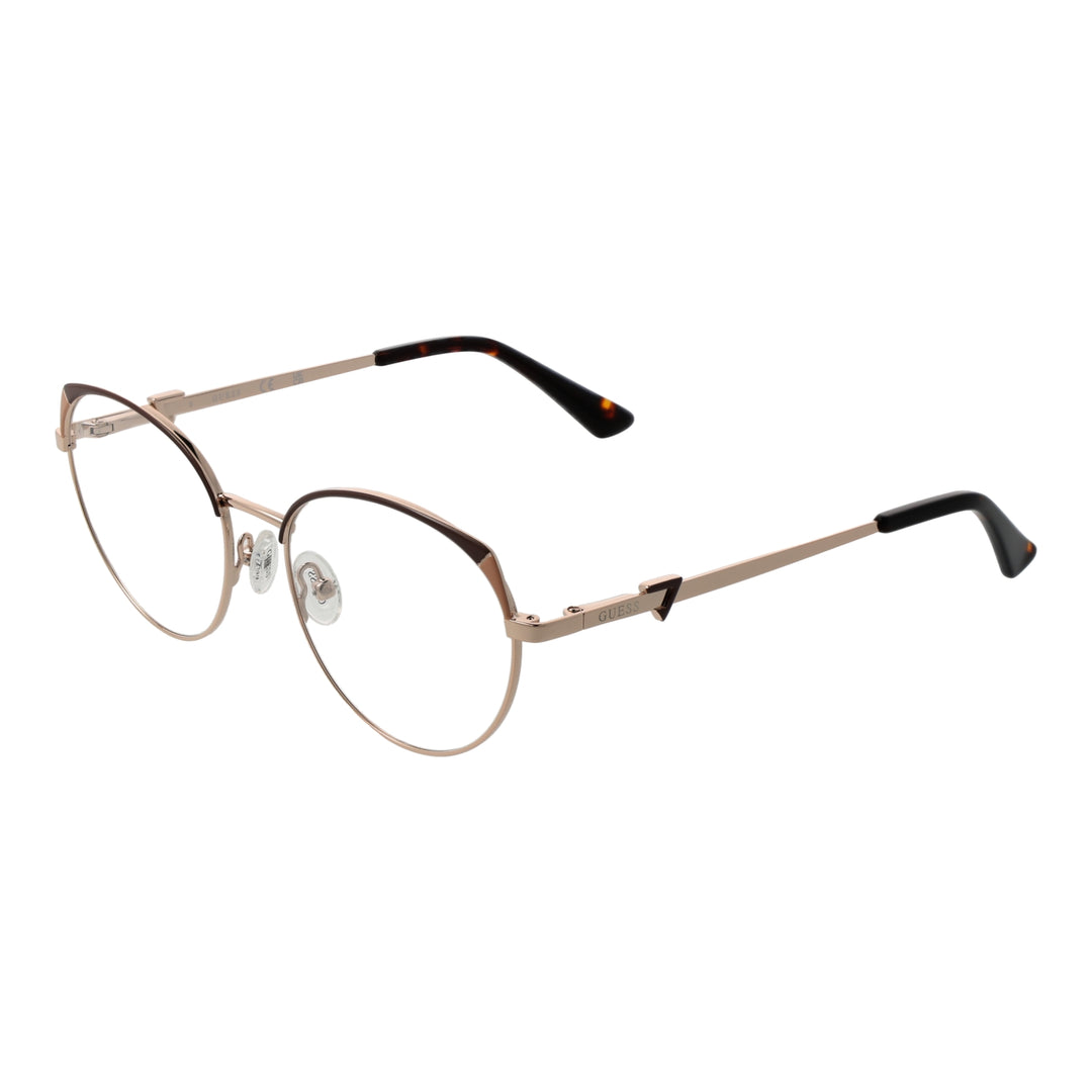 Gold thin metal round eyeglasses with tortoise shell temple tips and adjustable nose pads
