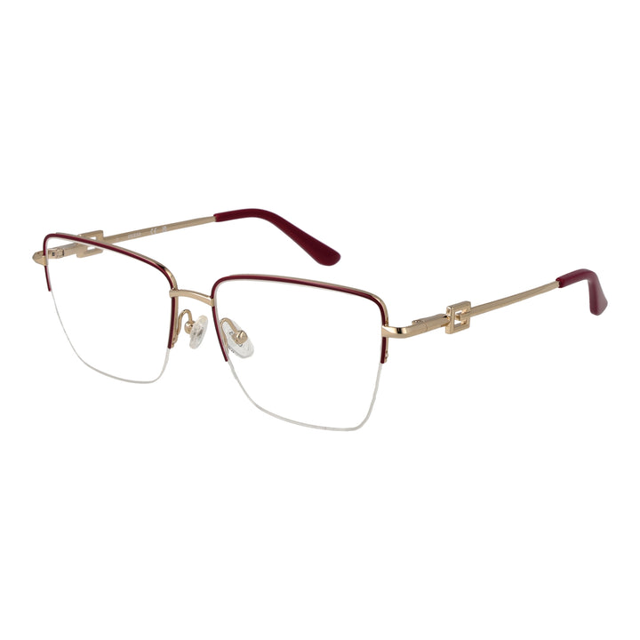 Gold semi-rimless eyeglasses for Women with burgundy temple accents and rectangular lenses, metal frame