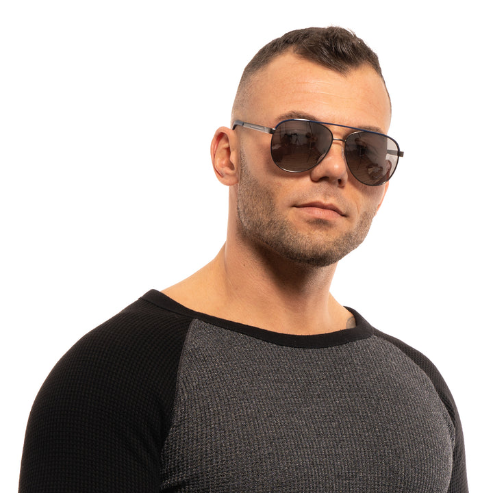 Unisex metal aviator sunglasses in blue-gray tones, double bridge, gradient lenses, adjustable nose pads