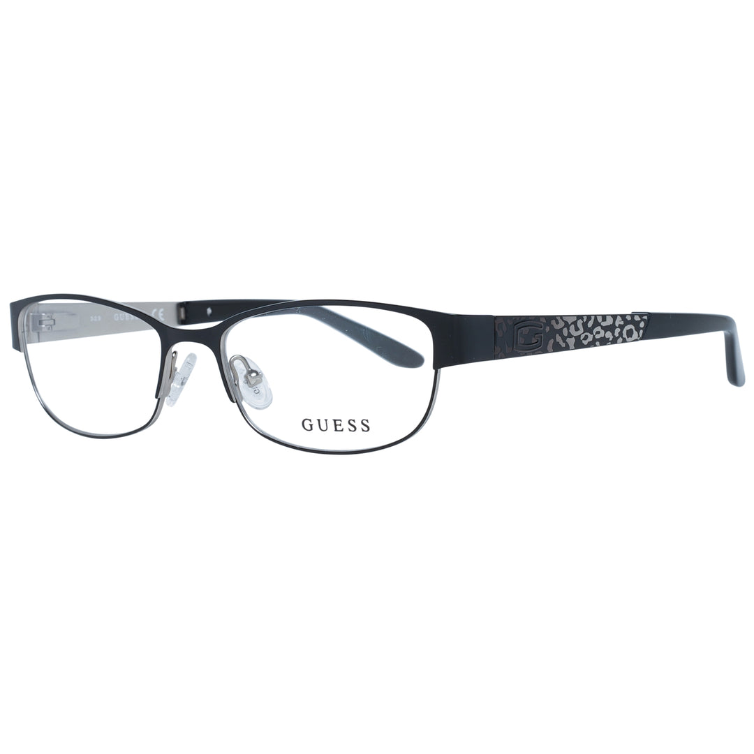 Black metal semi-rimless eyeglasses with rectangular lenses and leopard-print temples on neutral background