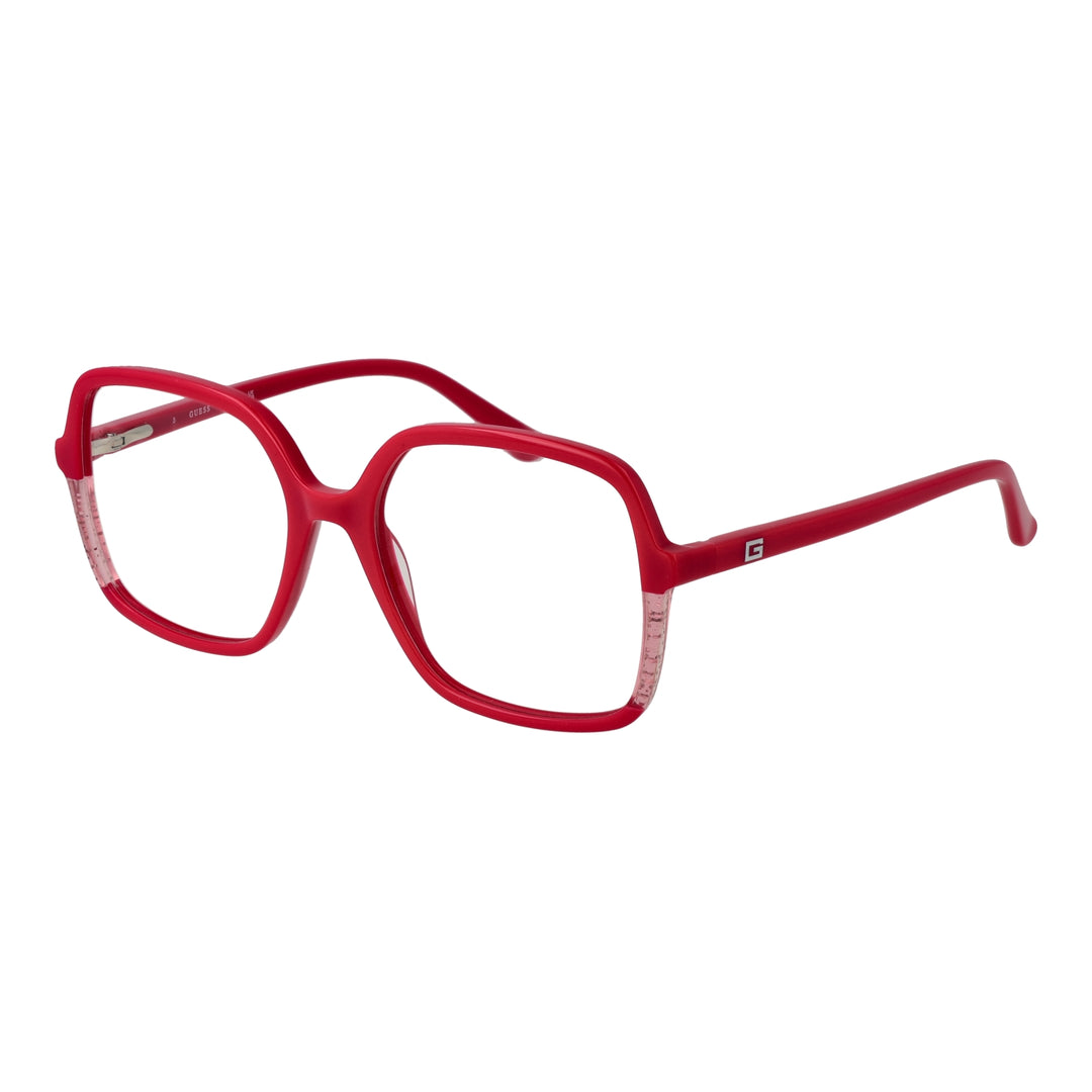 Red plastic square eyeglasses with transparent frame accents and G logo on the temple, front three-quarter view