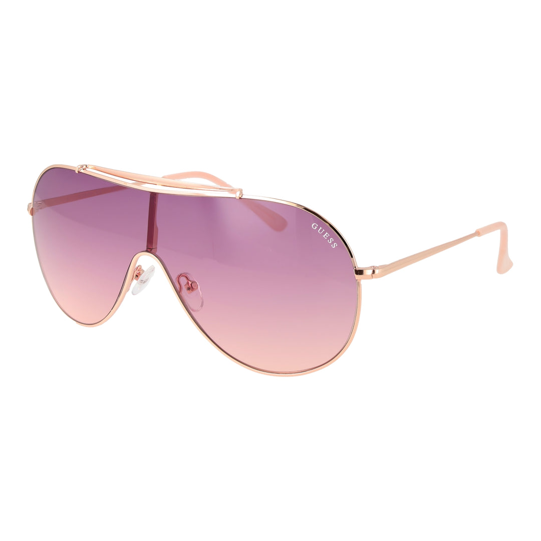 Rose gold aviator sunglasses with thin double-bridge frame and purple-to-grey gradient lenses on white background