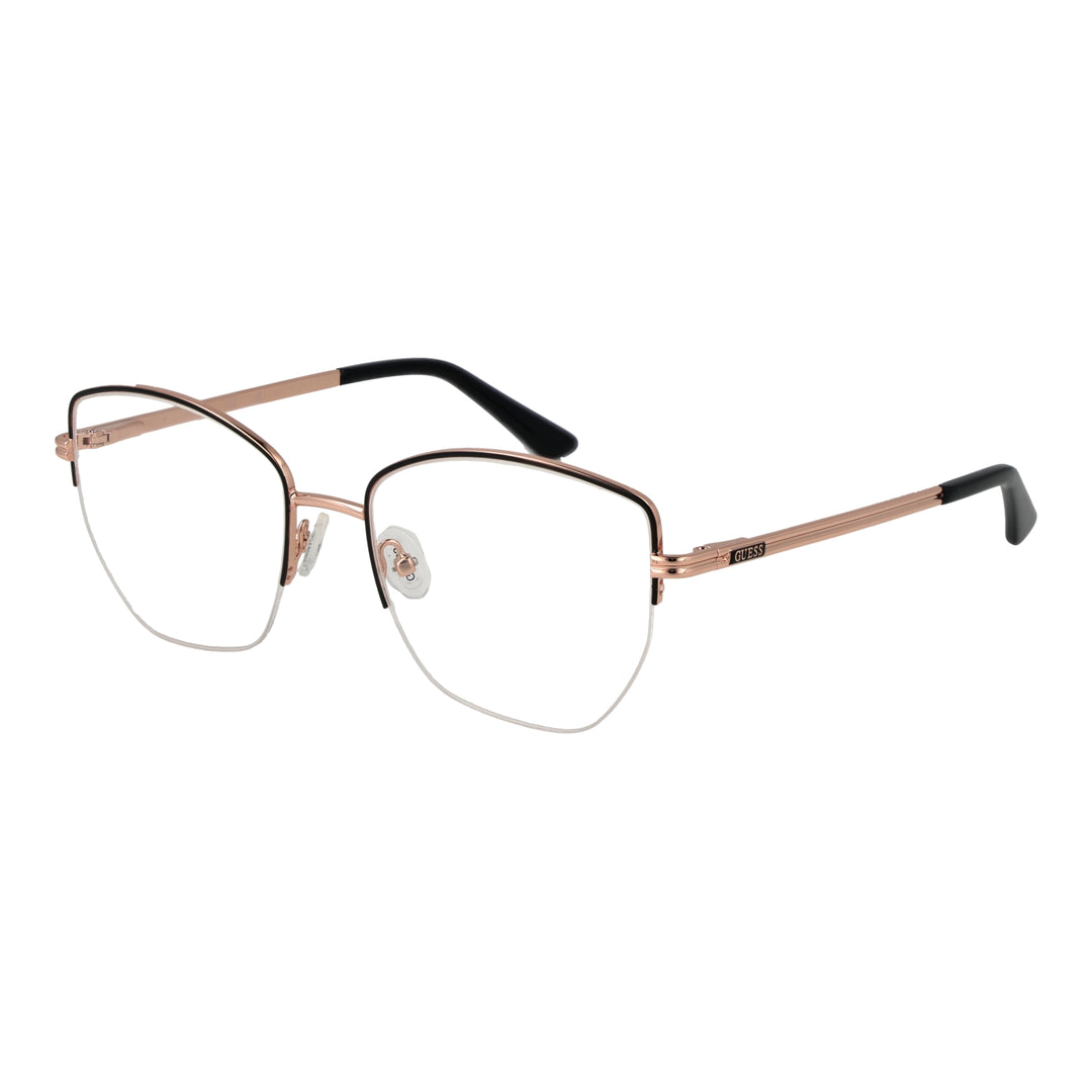 Rose gold thin metal rectangular eyeglasses with black plastic temple tips on white background, modern minimalist design