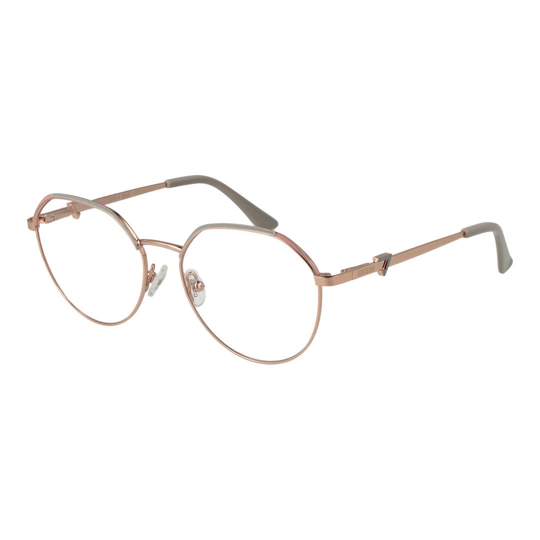 Rose gold thin metal round eyeglasses on beige background, adjustable nose pads, modern minimalist frame