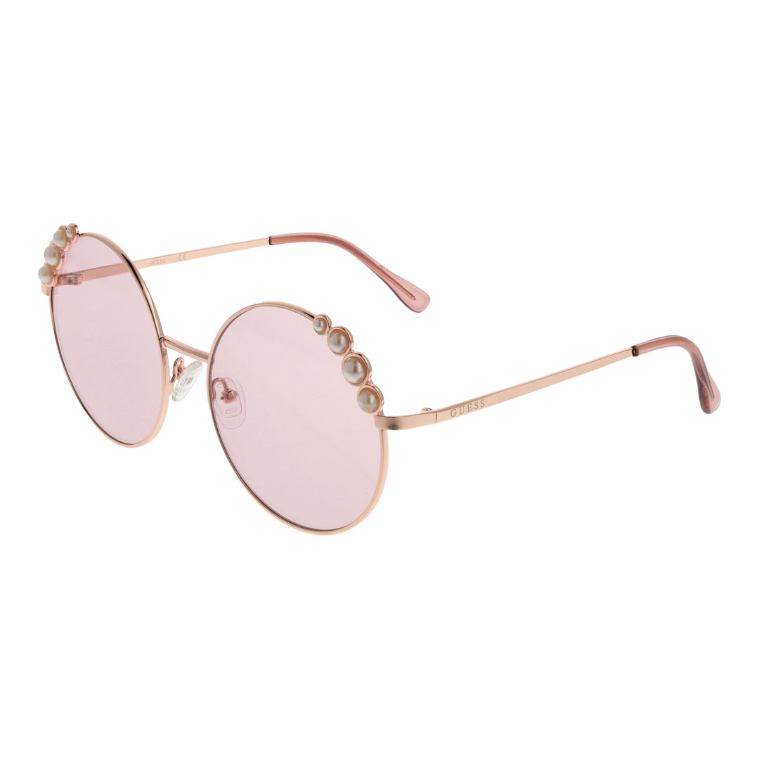 Rose gold metal round sunglasses with pink gradient lenses and pearl accents on top corners
