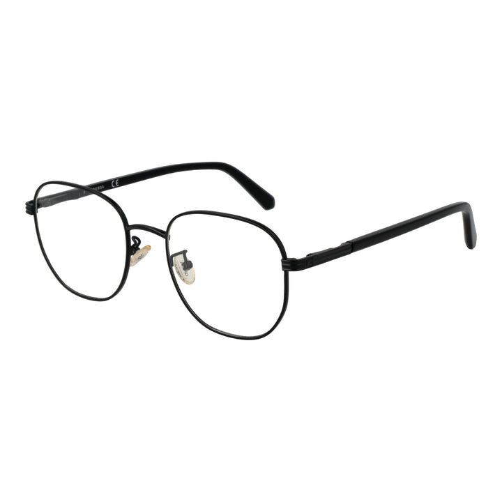Black slim metal rectangular eyeglasses with thin temples and adjustable nose pads on neutral background