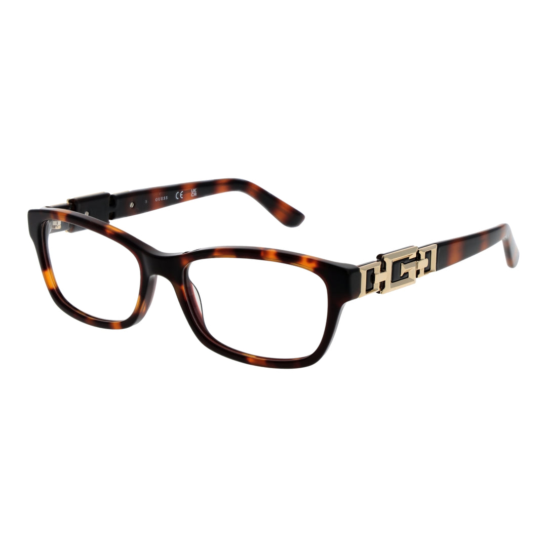 Tortoise shell rectangular eyeglasses for Women with gold temple detail on neutral background