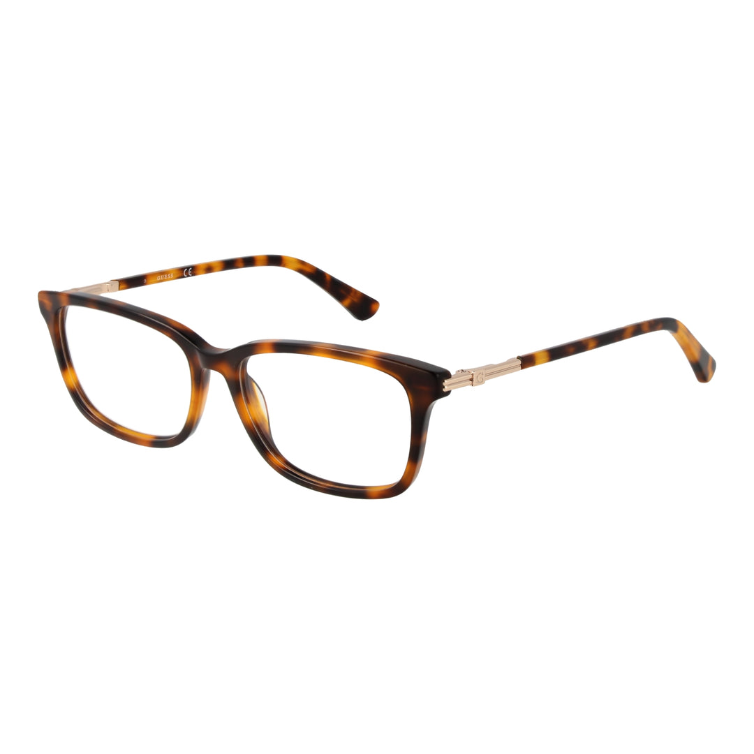 Tortoise shell rectangular eyeglasses for Women with gold metal temples and 'G' logo, brown-amber tones