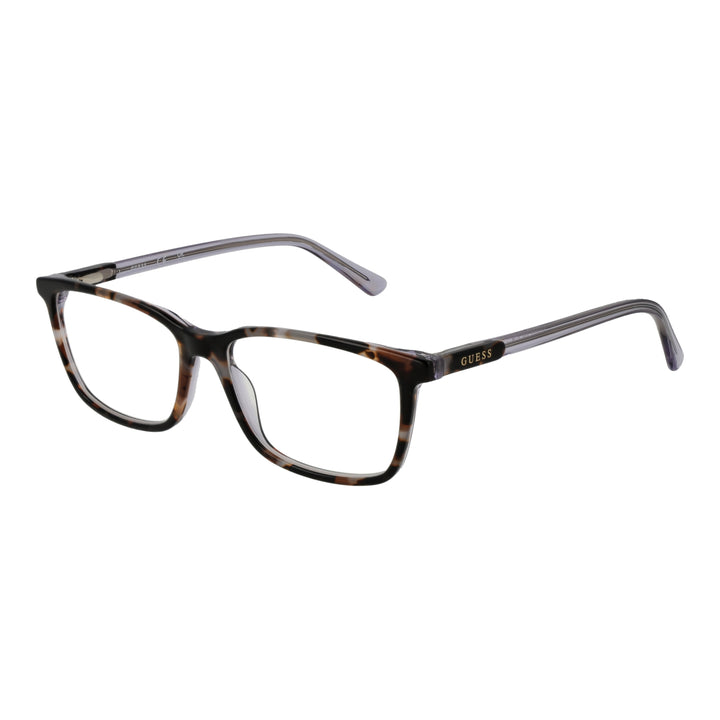 Unisex tortoise plastic rectangular eyeglasses with transparent purple arms and brand plaque on arm