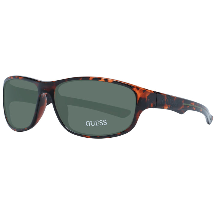 Unisex tortoise shell rectangular sunglasses in plastic full-rim with dark green lenses and logo on temple