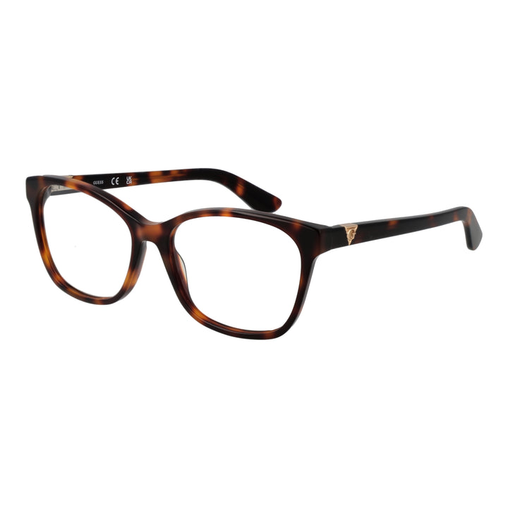 Tortoise brown plastic square eyeglasses for Women with clear lenses and gold temple logo detail