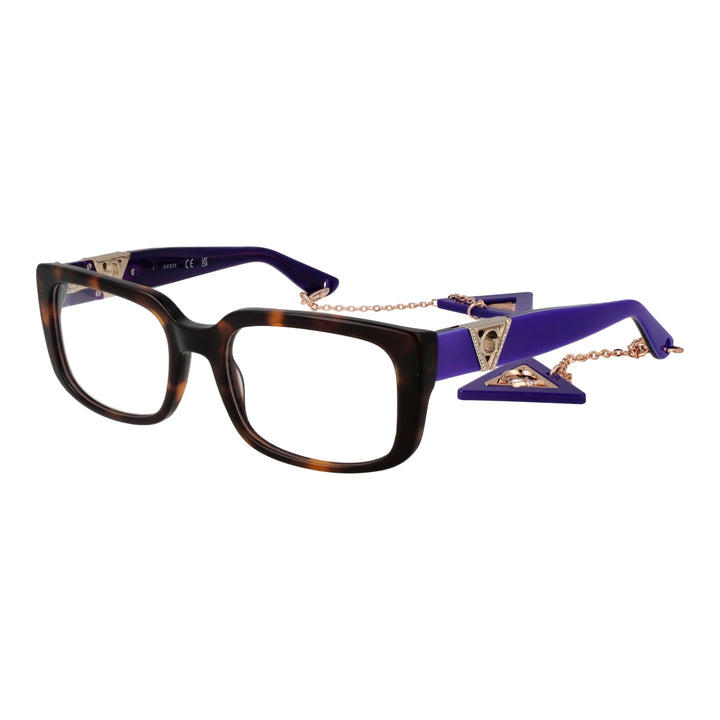 Tortoise brown square eyeglasses with gold triangle logos and decorative metal chain on temples