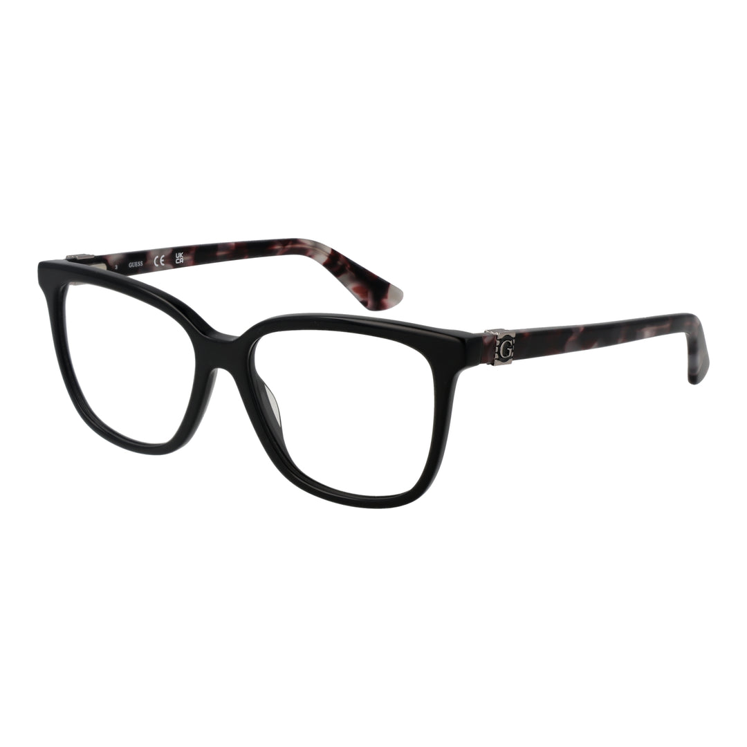 Black rectangular eyeglasses with tortoiseshell patterned arms and metal logo on temples for Women