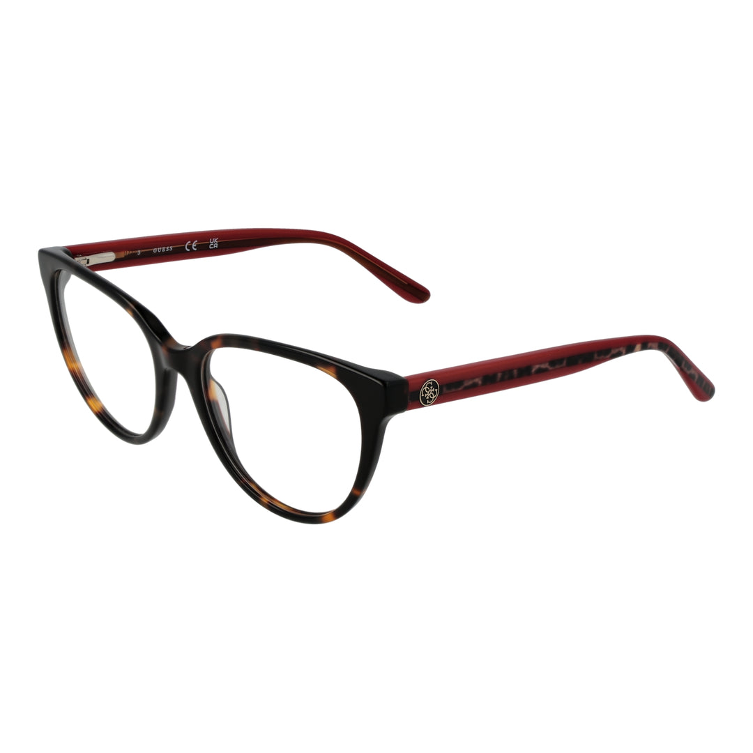 Tortoiseshell cat-eye eyeglasses for Women with red arms and logo emblem on arm, front three-quarter view