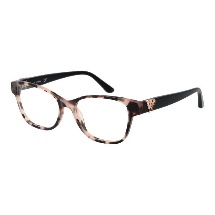 Tortoise shell rectangular eyeglasses with black temples and gold-pink decorative embellishments