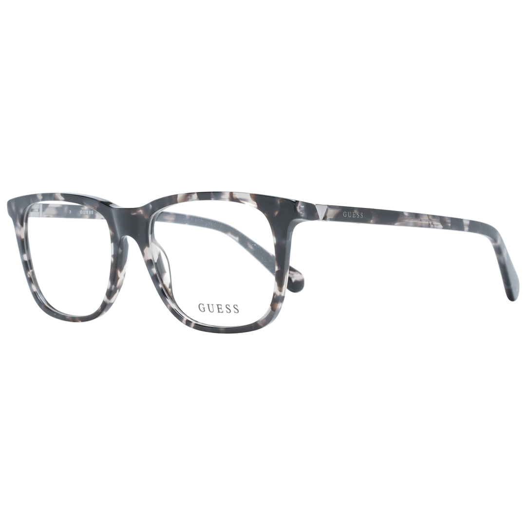 Unisex tortoiseshell full-rim rectangular eyeglasses in black, grey and white pattern with visible logo on temple
