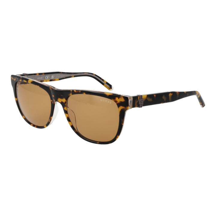 Unisex tortoiseshell rectangular sunglasses in plastic full-rim with brown lenses and logo on temples