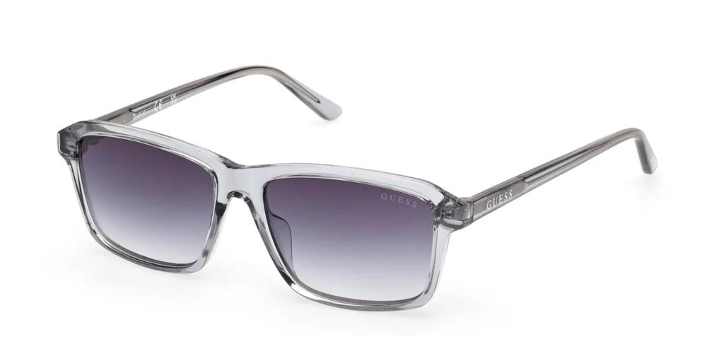 Unisex transparent gray rectangular sunglasses with gradient purple lenses on white background