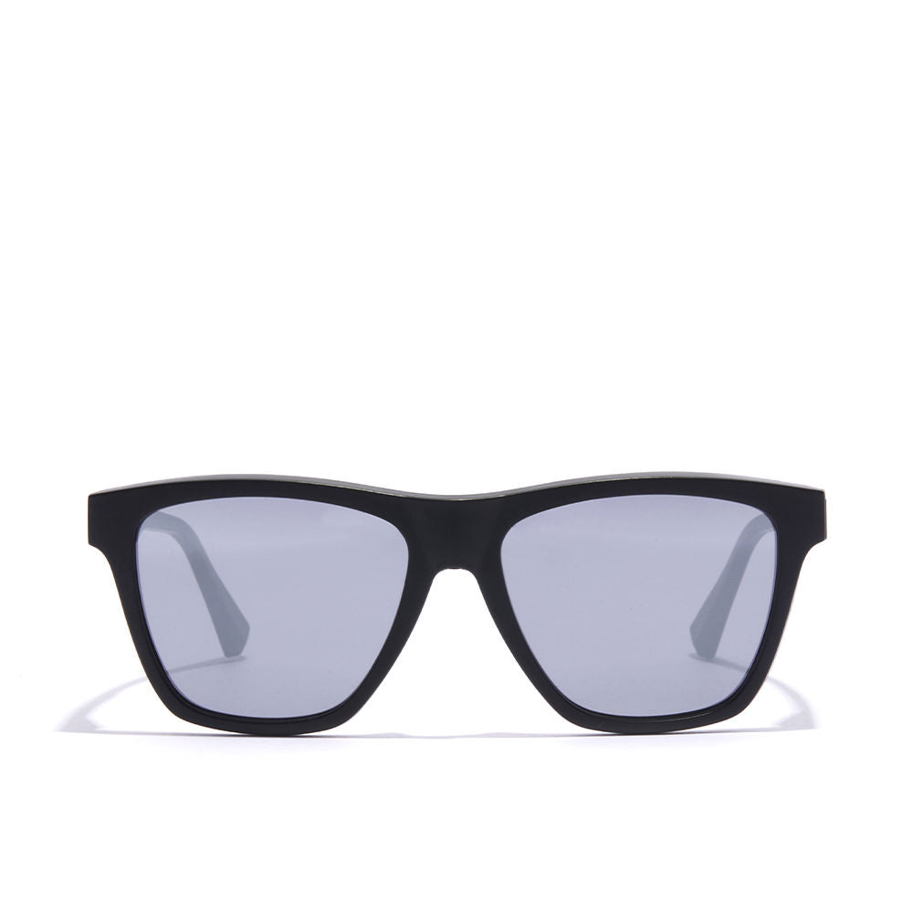 Matte black square Unisex sunglasses with mirror lilac lenses, silver logos, microfiber pouch