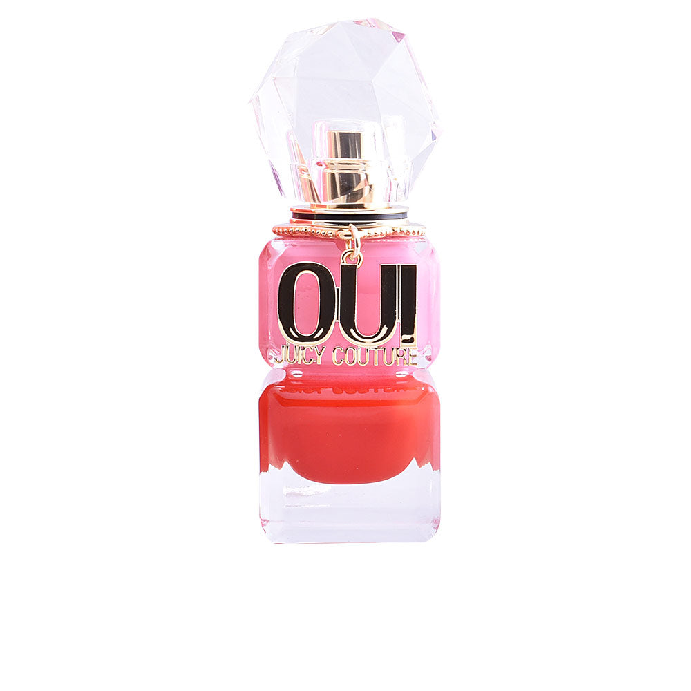 Bicolour red and pink crystal perfume bottle with faceted cap and gold charm, 30 ml