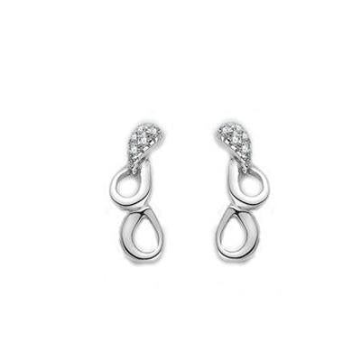 Silver drop earrings with bezel-set faceted crystals, smooth polished finish, photographed on neutral background.