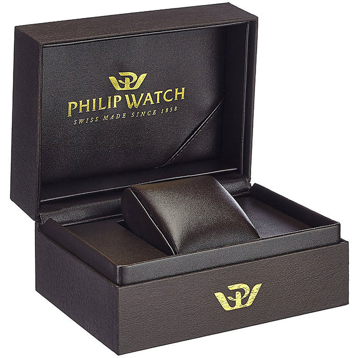 Silver and black analog watch with rose gold accents and leather strap, classic dress design for Man.