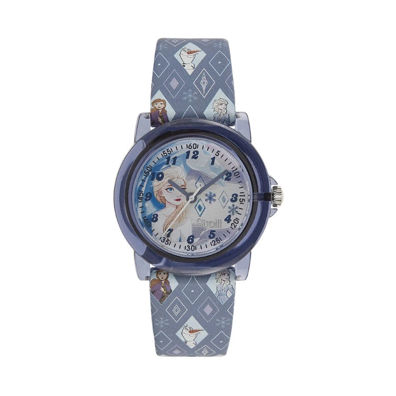 Stroili Blue Cartoon Watch: Blue and white face with Frozen characters, snowflakes, purple accents