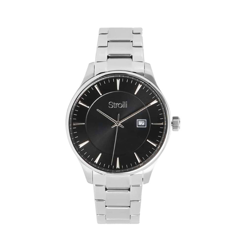 Stroili Brushed Metal Watch: silver metal watch with black dial, date window, and metal bracelet