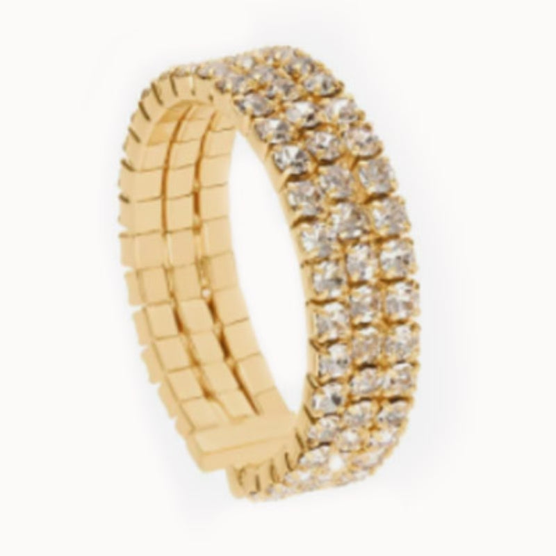 Stroili Gold Rowed Ring: band ring featuring three rows of clear stones set across the top, low-profile polished finish