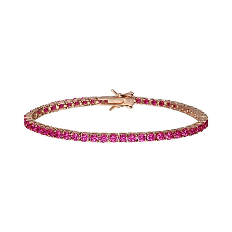 Stroili Rose Gold Tennis Bracelet: rose-gold tennis bracelet with pink stones laid flat showing clasp and continuous line