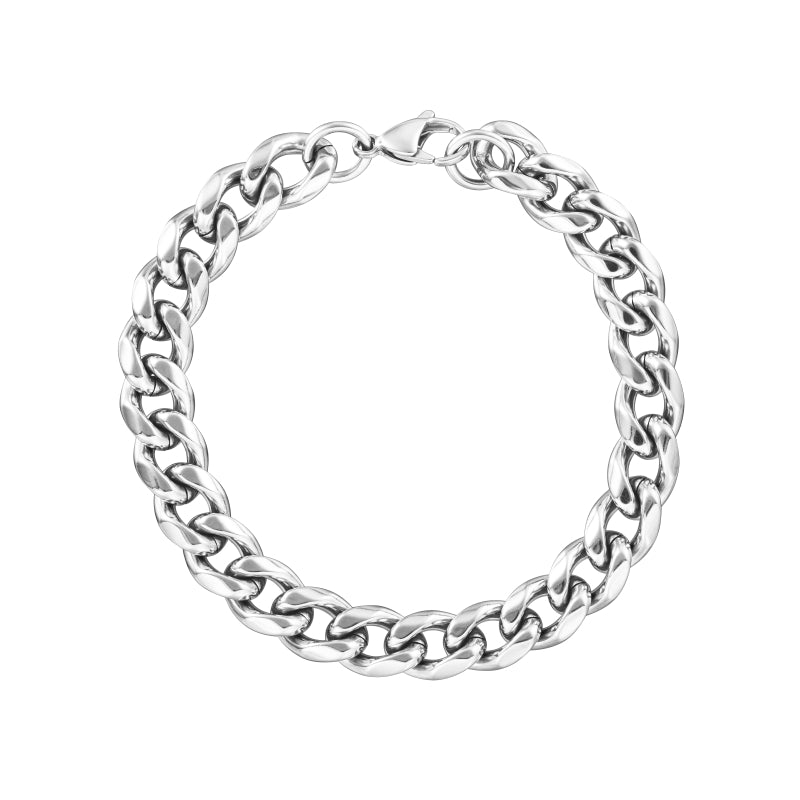 Silver metal chain bracelet with thick curved interlocking links and lobster clasp on neutral background