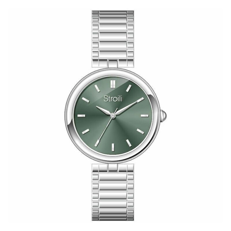 Stroili Silver Green Watch: stainless-steel watch with green dial on bracelet, angled view showing dial and case