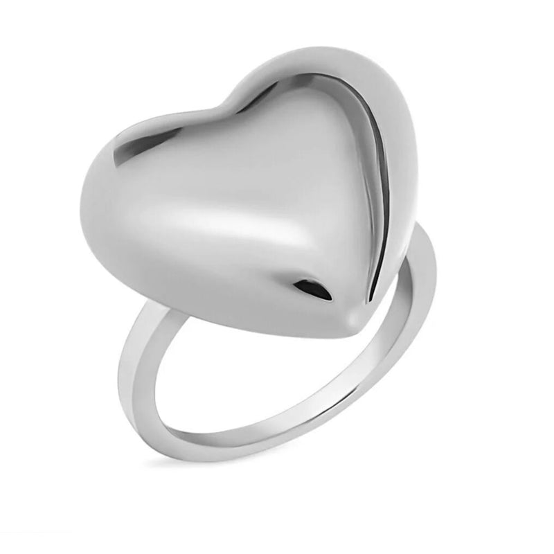 Stroili Silver Heart Ring: close-up of a polished silver ring featuring a raised heart-shaped motif on a comfort-fit band